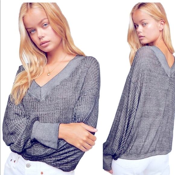 FREE PEOPLE Womens Burnout Off Shoulder Long Sleeve Waffle Knit Thermal Top XS - Picture 4 of 13